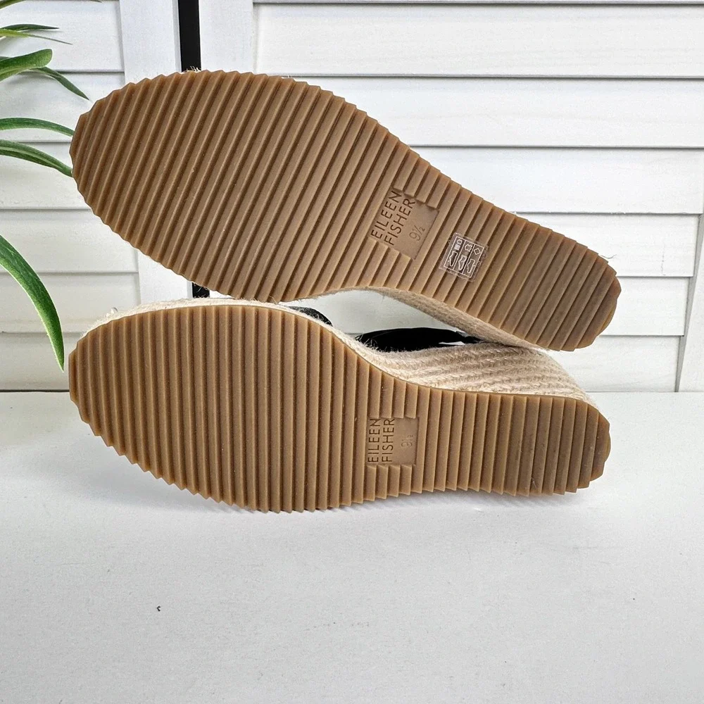 Eileen Fisher Black Wallis Espadrille Wedge Sandals Ankle Wrap Zip Shoe Size 9.5